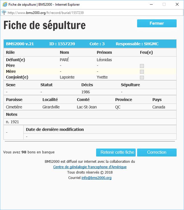 Fiche de sépulture de la base de données BMS2000