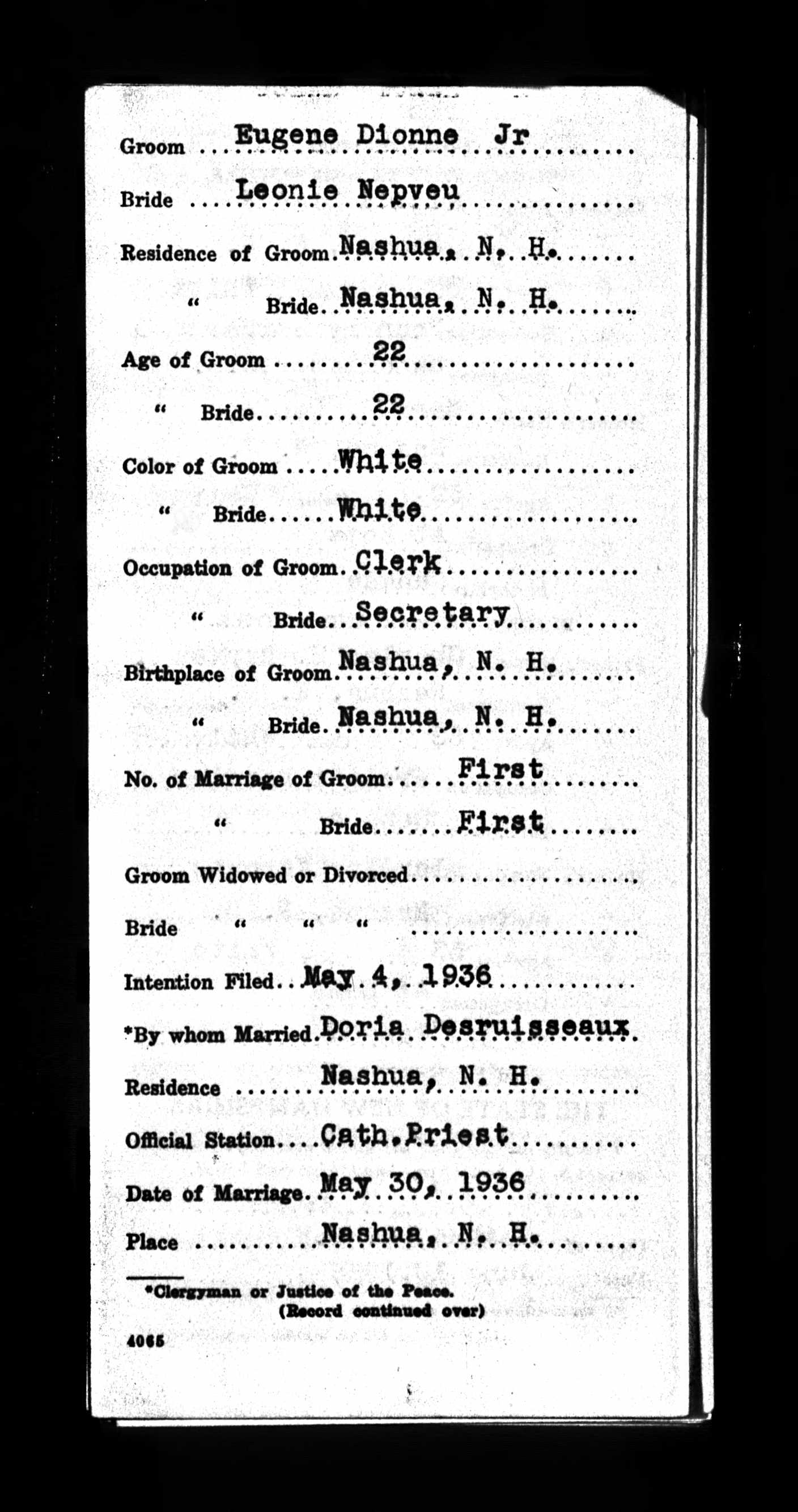 Enregistrement du mariage, recto
