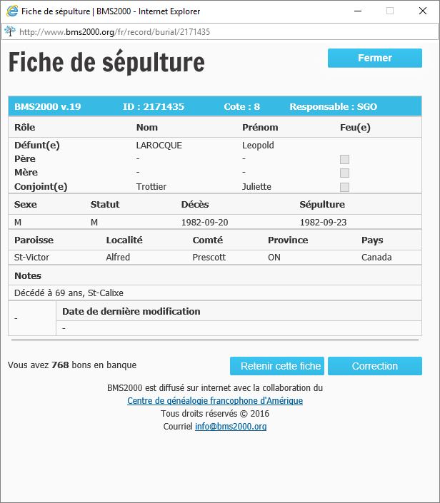 Fiche de sépulture de la base de données BMS2000