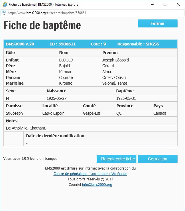 Fiche de baptême de la base de données BMS2000
