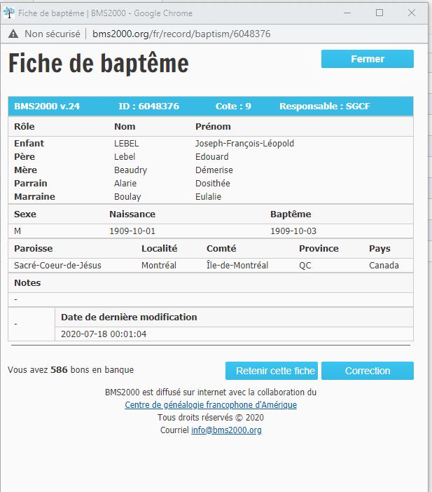 Fiche de baptême de la base de données BMS2000
