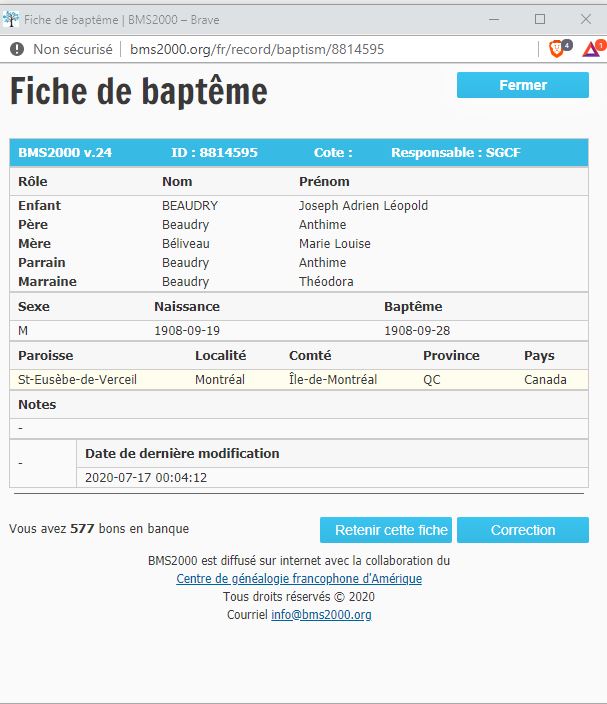 Fiche de baptême de la base de données BMS2000