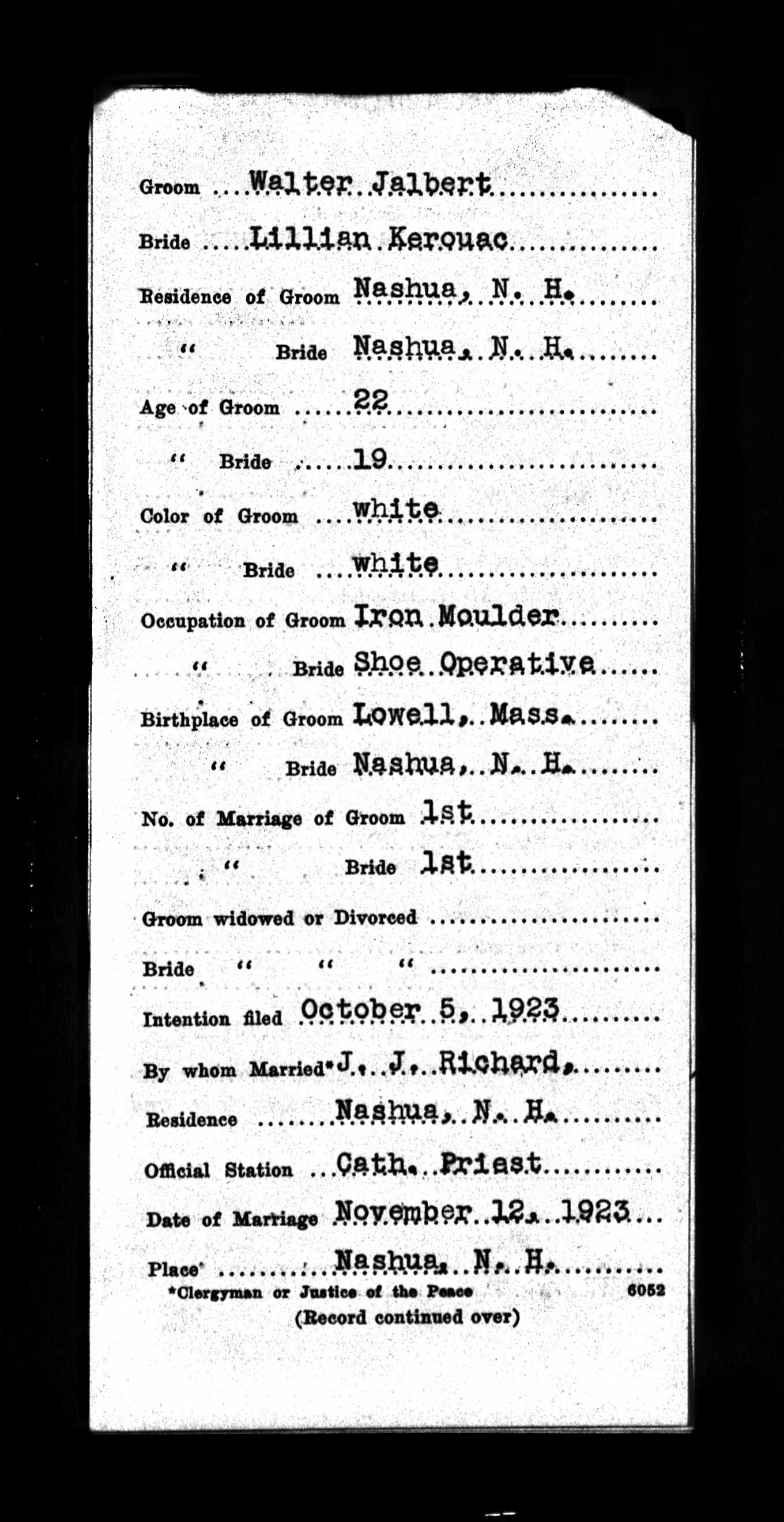 Enregistrement du mariage, recto