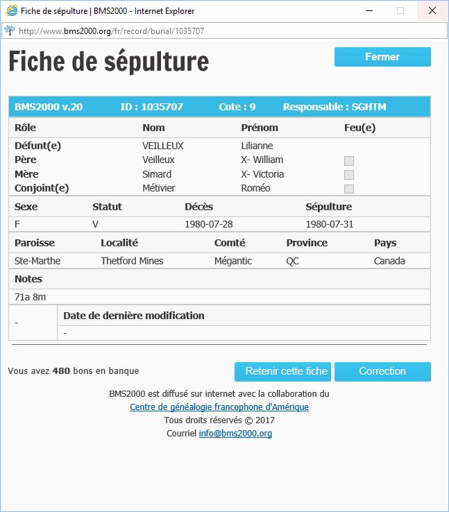 Fiche de sépulture de la base de données BMS2000