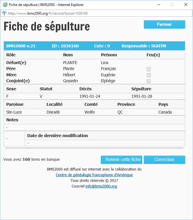 Fiche de sépulture de la base de données BMS2000