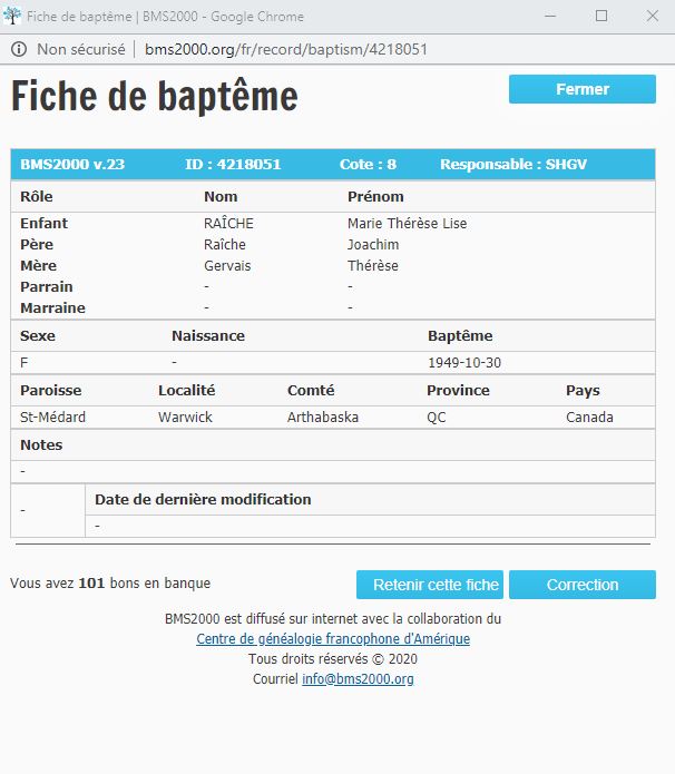 Fiche de baptême de la base de données BMS2000