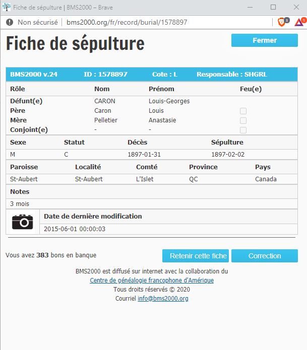 Fiche de sépulture de la base de données BMS2000