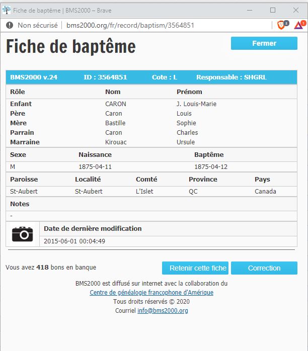 Fiche de baptême de la base de données BMS2000