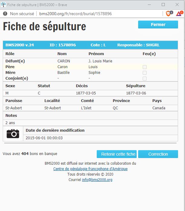 Fiche de sépulture de la base de données BMS2000