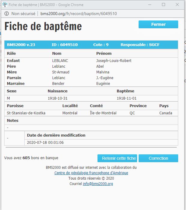 Fiche de baptême de la base de données BMS2000