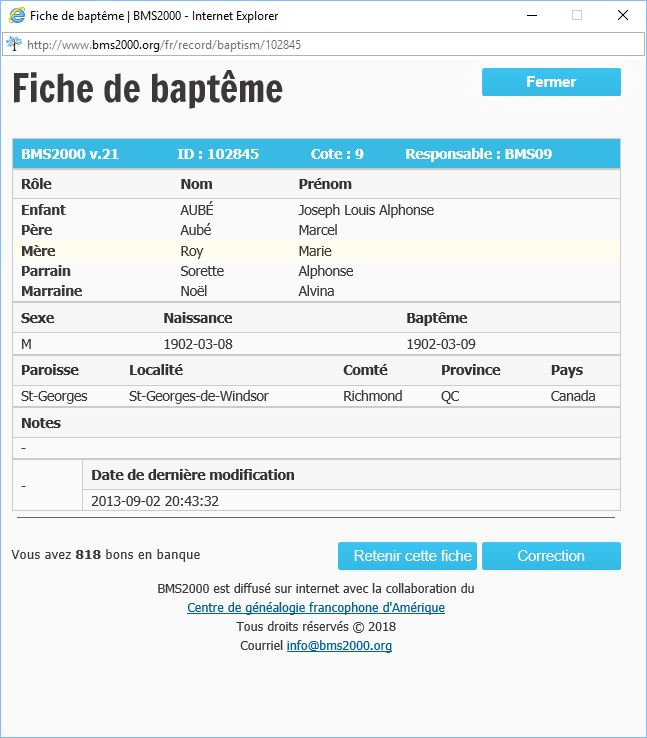 Fiche de baptême de la base de données BMS2000