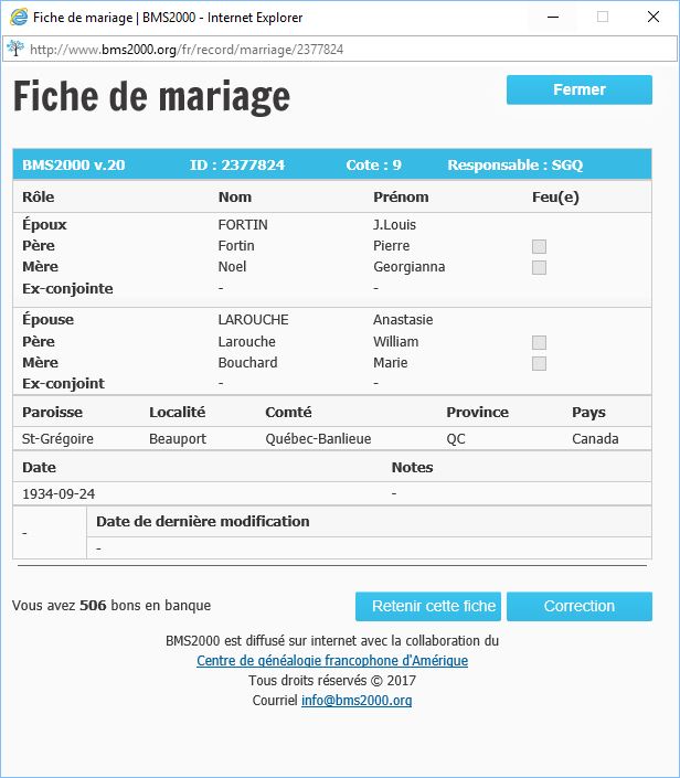 Fiche de mariage de la base de données BMS2000