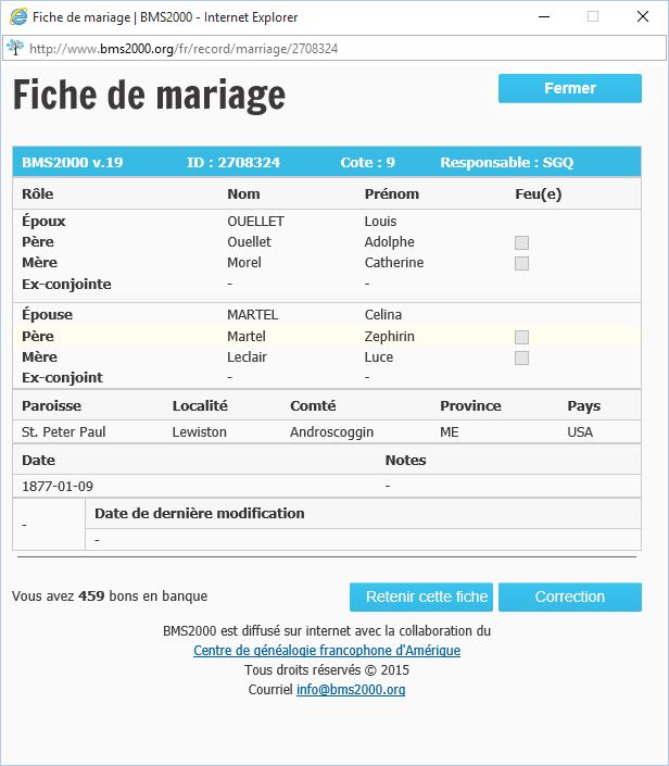 Fiche de mariage de la base de données BMS2000
