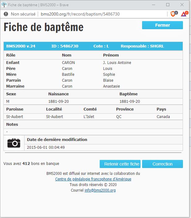 Fiche de baptême de la base de données BMS2000
