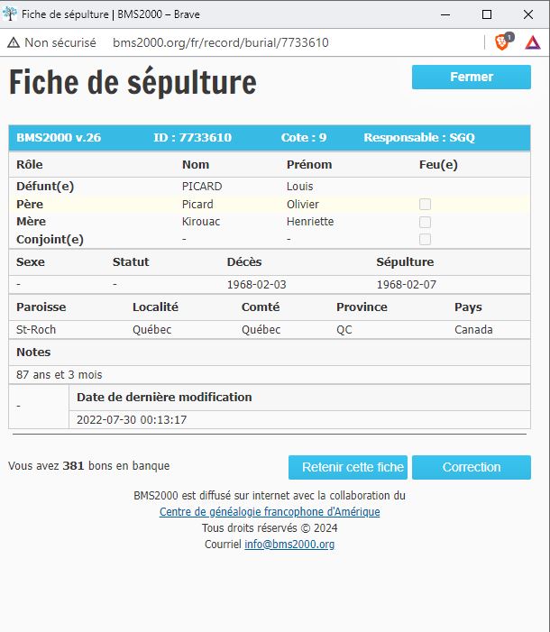 Fiche de sépulture de la base de données BMS2000