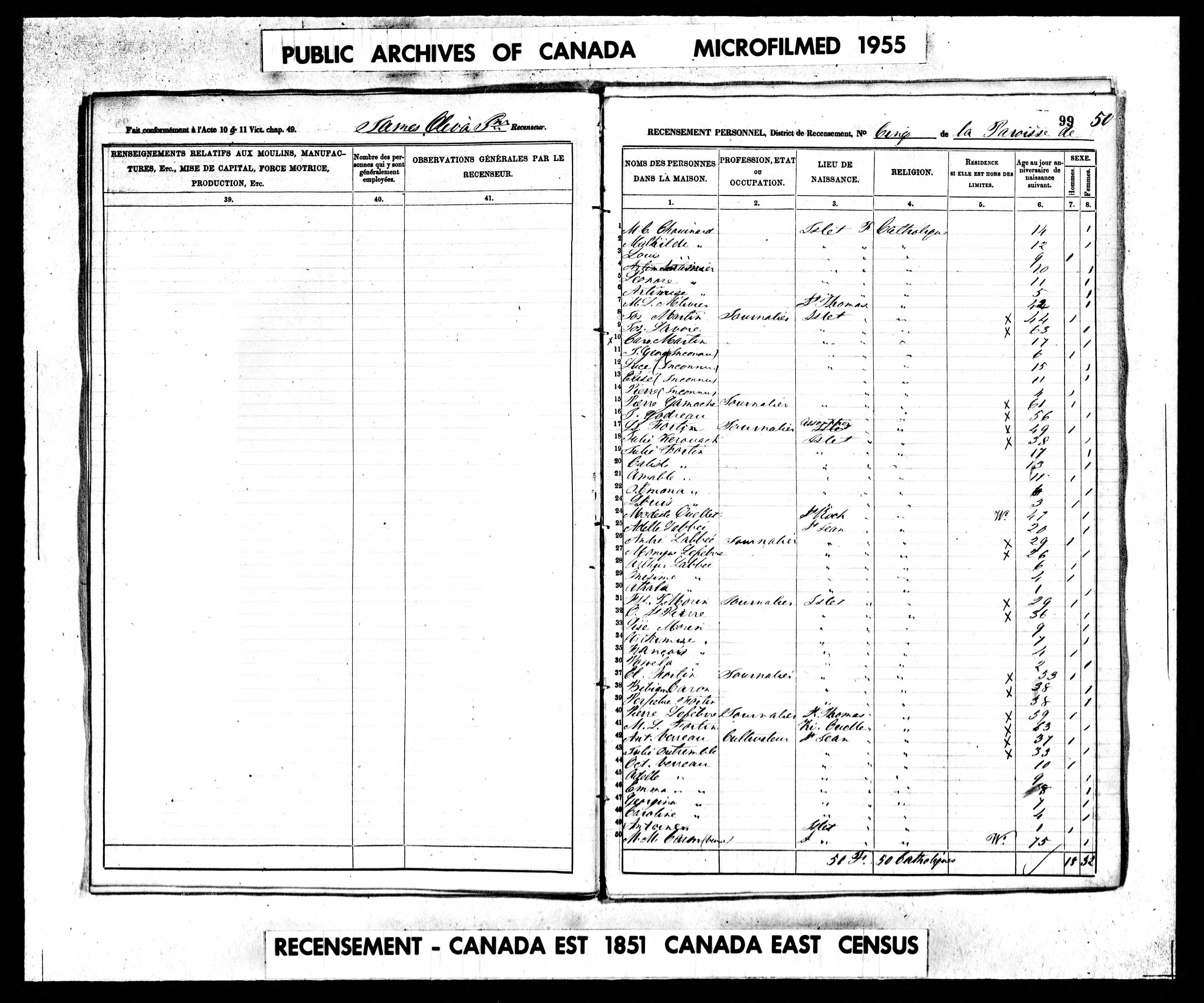 Recensement canadien 1851