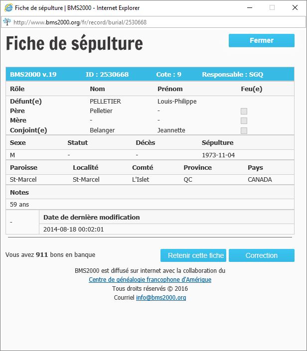 Fiche de sépulture de la base de données BMS2000