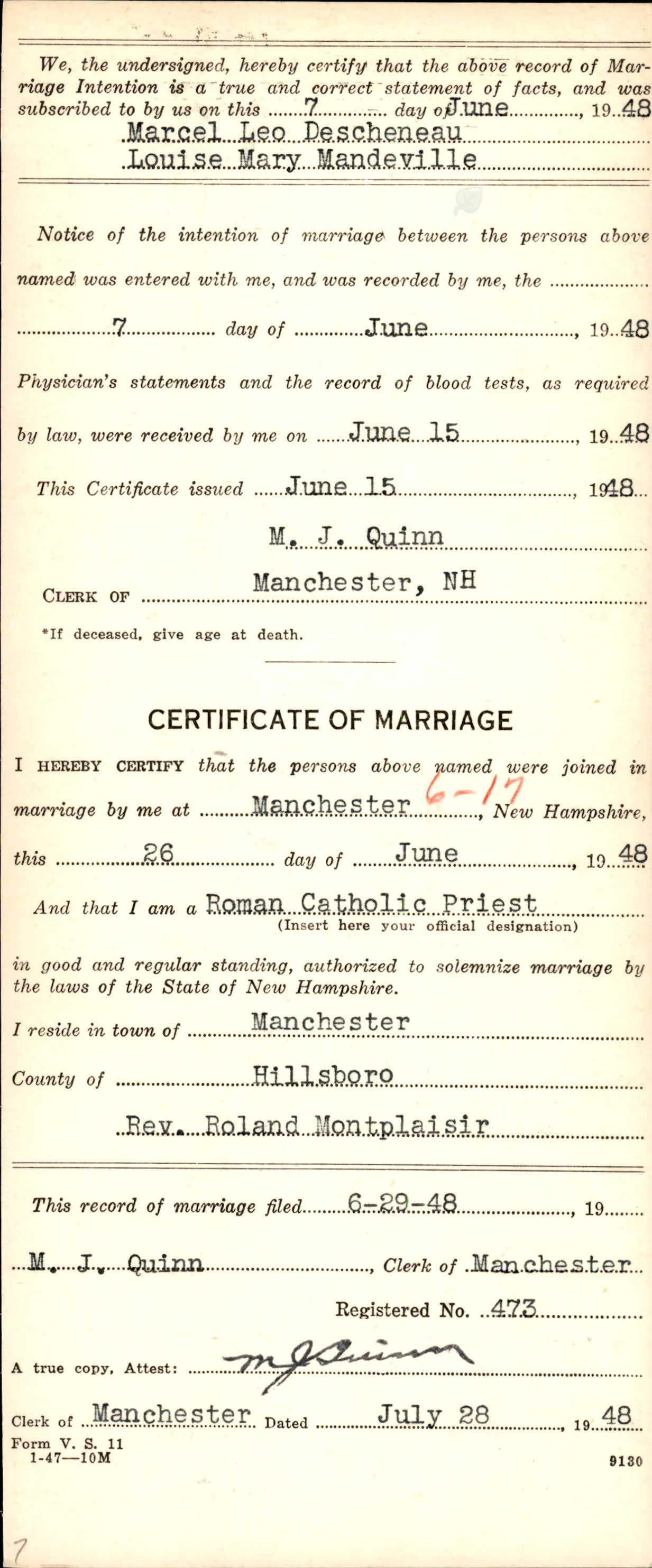 Enregistrement du mariage, verso