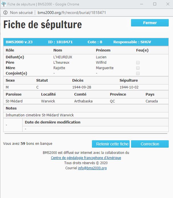 Fiche de sépulture de la base de données BMS2000