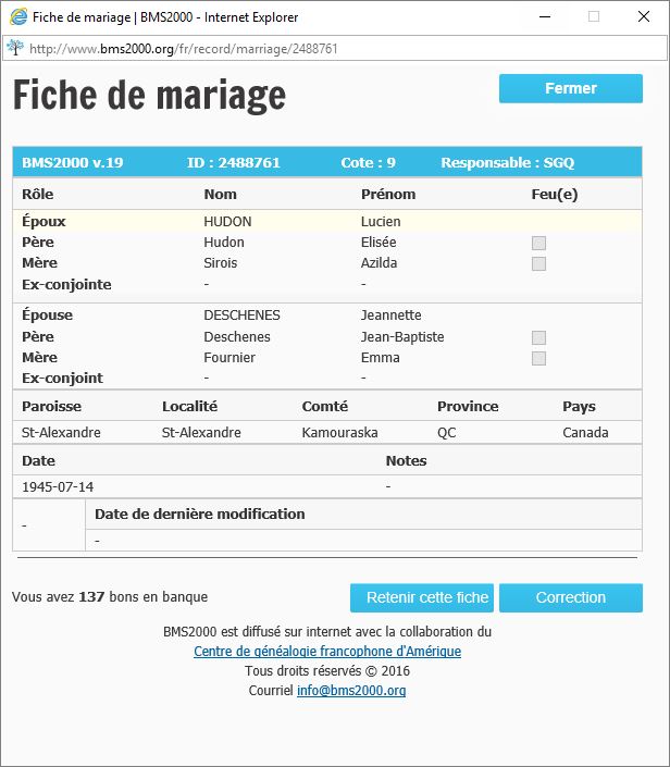 Fiche de mariage de la base de données BMS2000