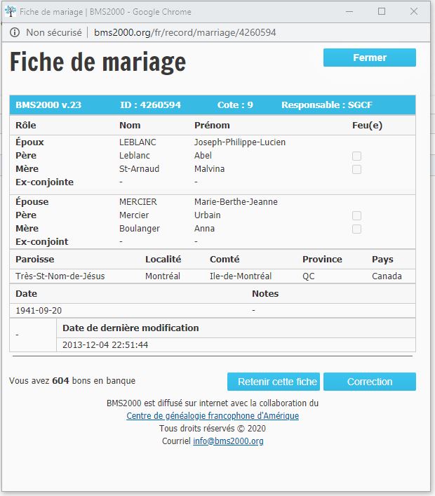 Fiche de mariage de la base de données BMS2000