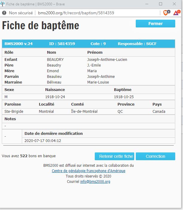 Fiche de baptême de la base de données BMS2000
