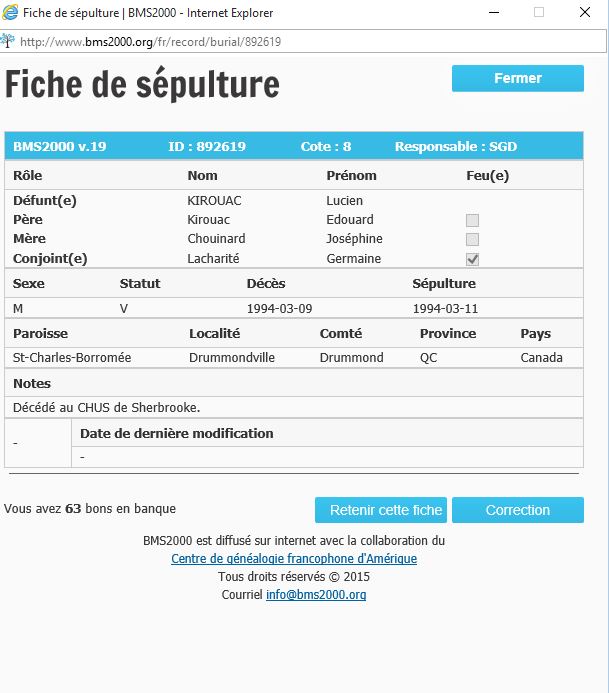 Fiche de sépulture de la base de données BMS2000