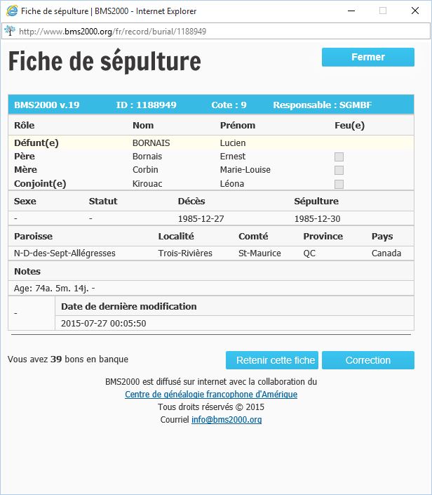 Fiche de sépulture de la base de données BMS2000