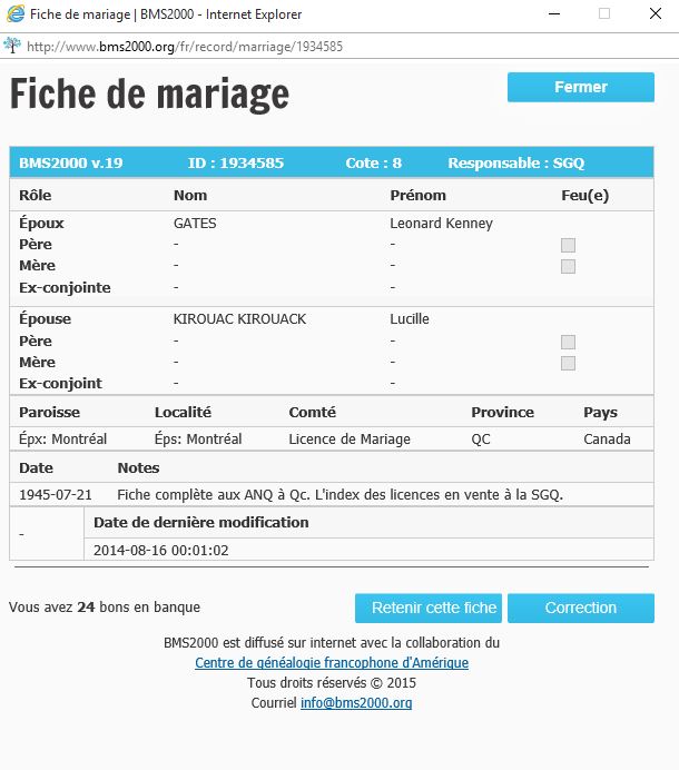 Fiche de mariage de la base de données BMS2000