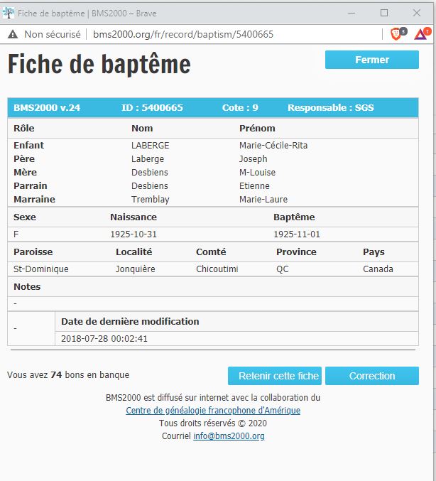 Fiche de baptême de la base de données BMS2000