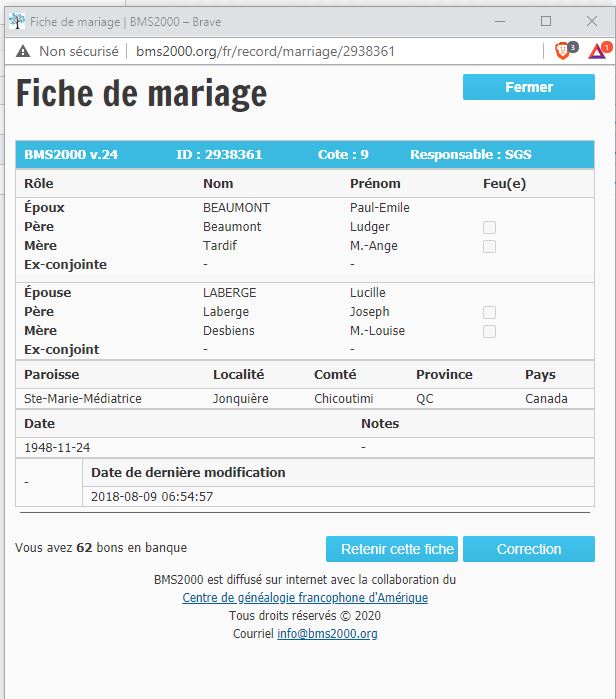 Fiche de mariage de la base de données BMS2000