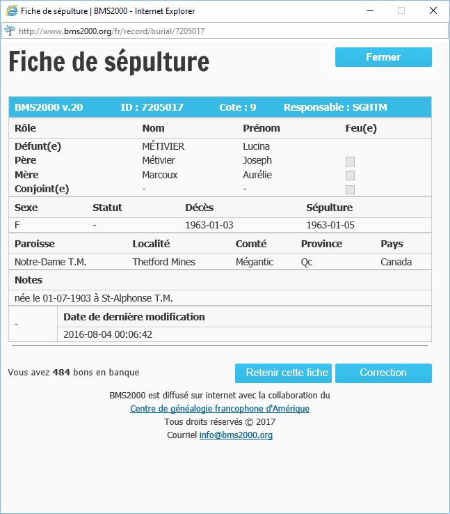 Fiche de sépulture de la base de données BMS2000