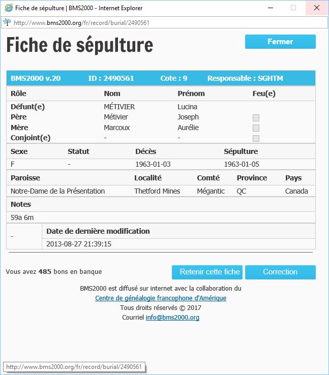 Fiche de sépulture de la base de données BMS2000