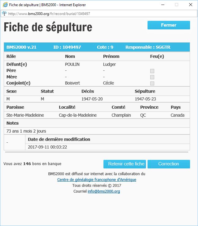Fiche de sépulture de la base de données BMS2000