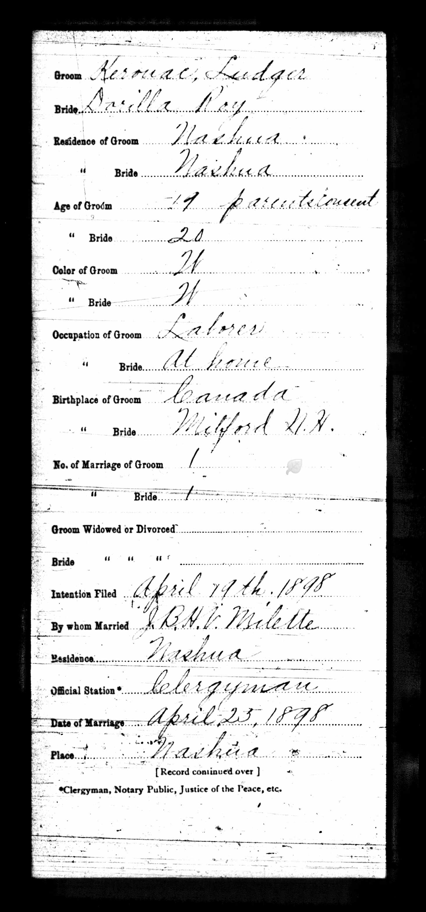 Enregistrement du mariage, recto