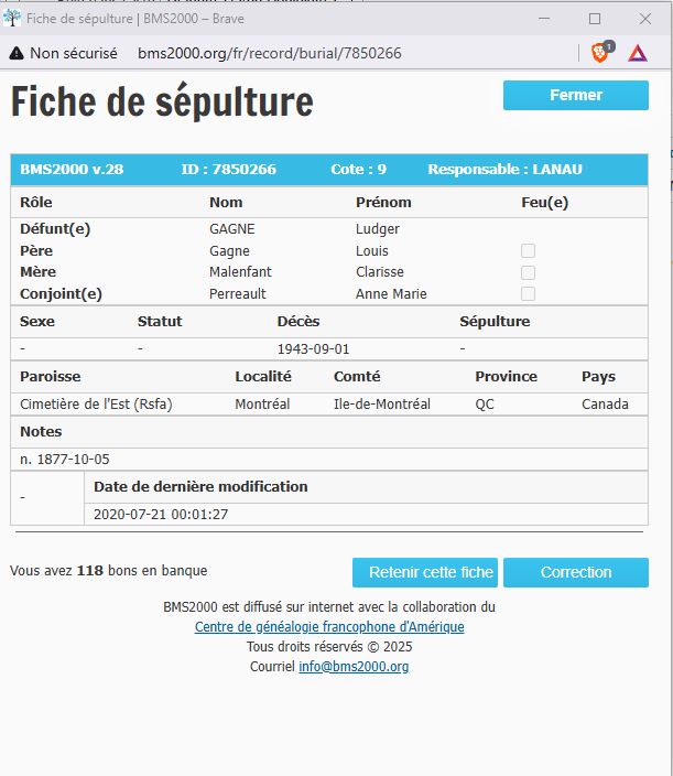 Fiche de sépulture de la base de données BMS2000