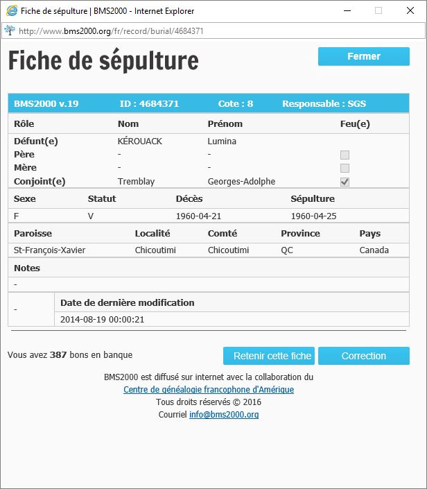 Fiche de sépulture de la base de données BMS2000 Fiche de sépulture de la base de données BMS2000