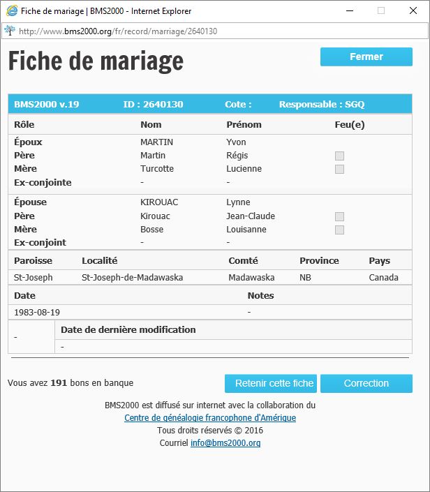 Fiche de mariage de la base de données BMS2000 Fiche de mariage de la base de données BMS2000