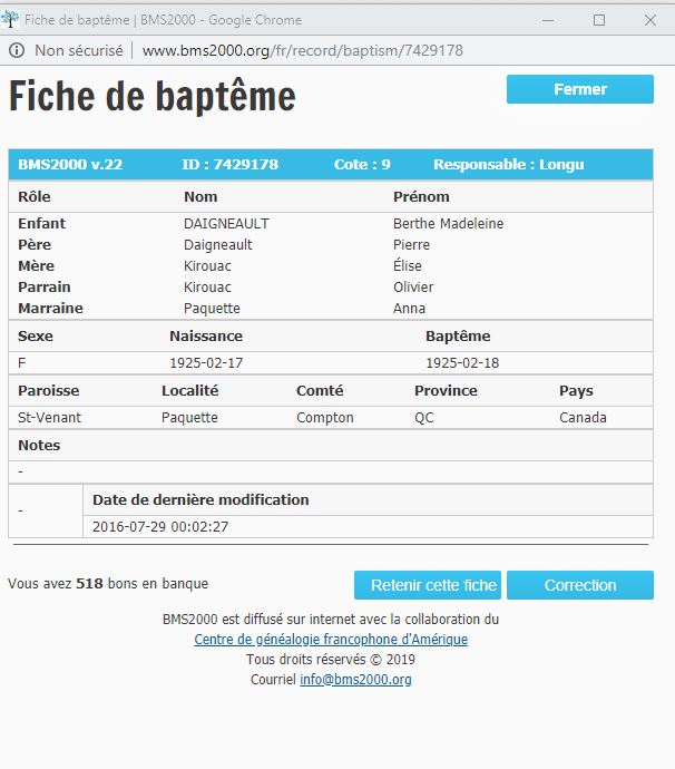 Fiche de baptême de la base de données BMS2000