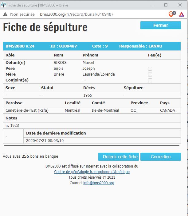 Fiche de sépulture de la base de données BMS2000