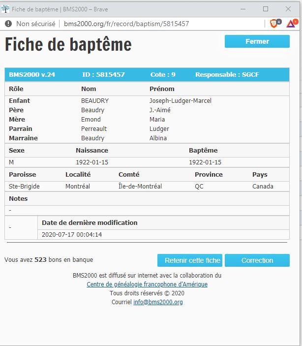 Fiche de baptême de la base de données BMS2000