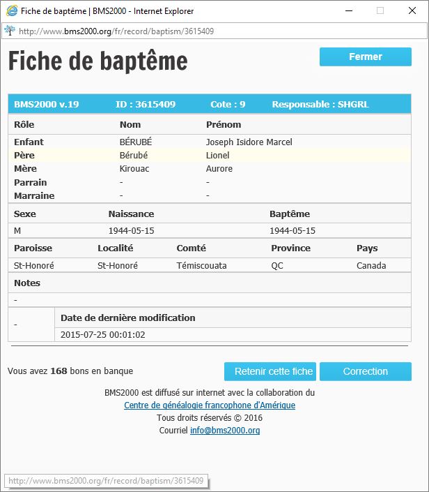 Fiche de baptême de la base de données BMS2000