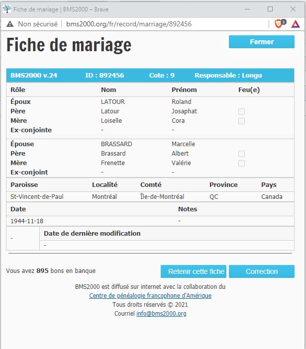 Fiche de mariage de la base de données BMS2000 Fiche de mariage de la base de données BMS2000