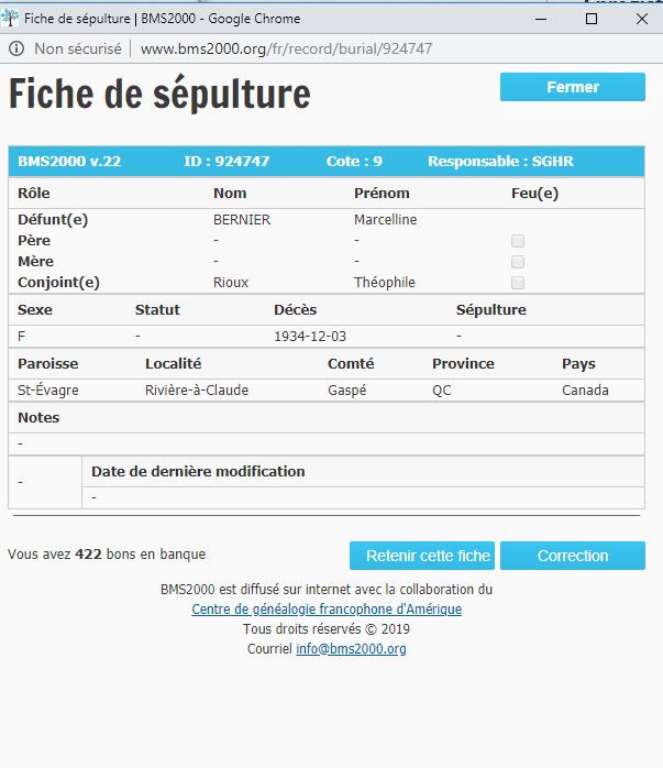 Fiche de sépulture de la base de données BMS2000