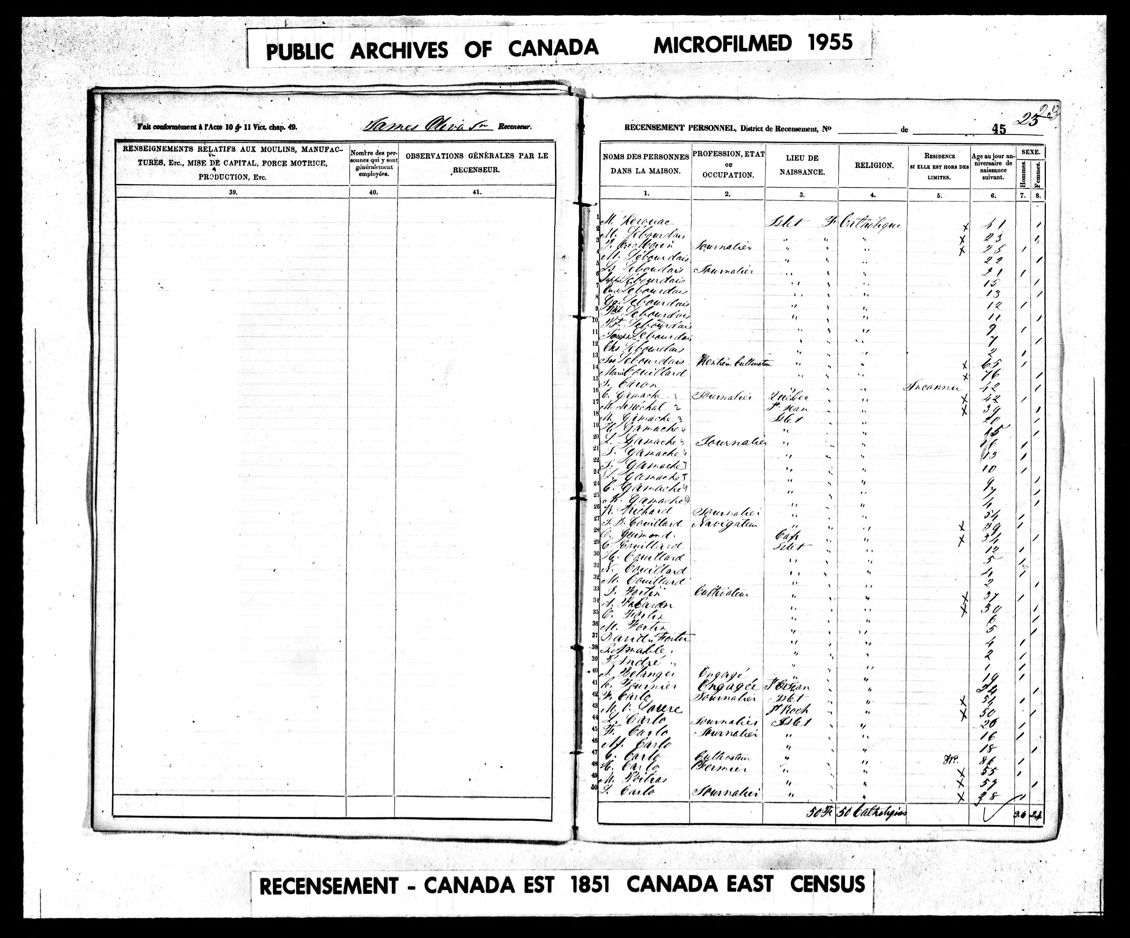 Recensement canadien 1851
