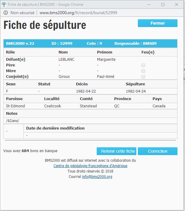 Fiche de sépulture de la base de données BMS2000