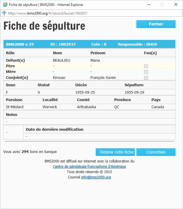 Fiche de sépulture de la base de données BMS2000