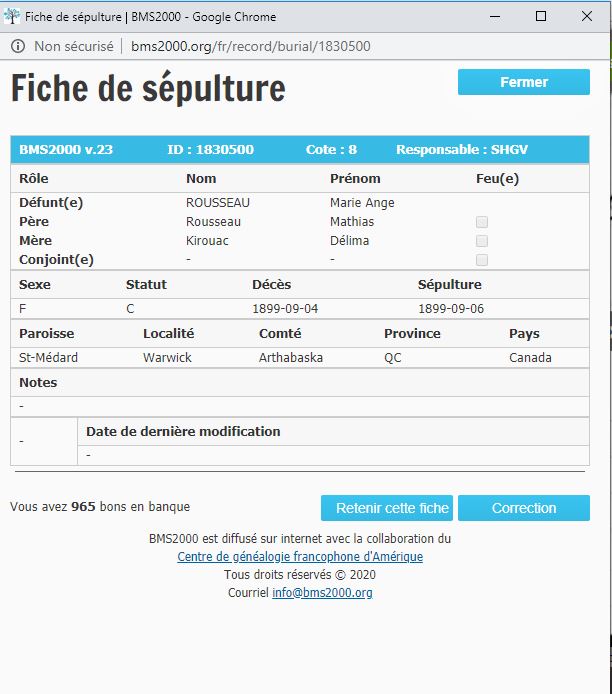 Fiche de sépulture de la base de données BMS2000