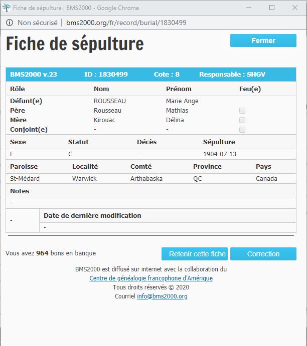 Fiche de sépulture de la base de données BMS2000