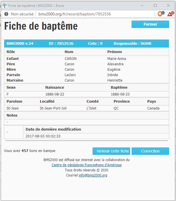 Fiche de baptême de la base de données BMS2000